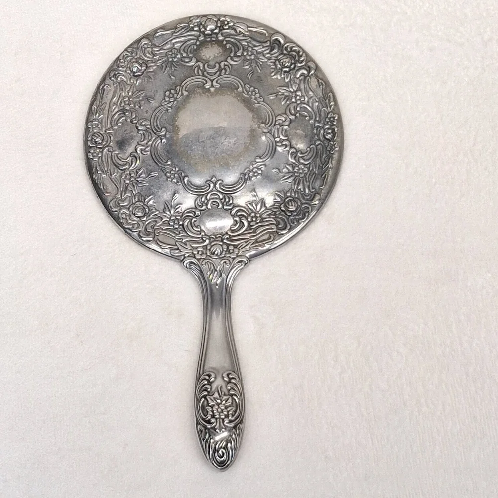 Ornate Silver-Tone Floral Metal Handheld Vanity Mirror Approx. 9 in